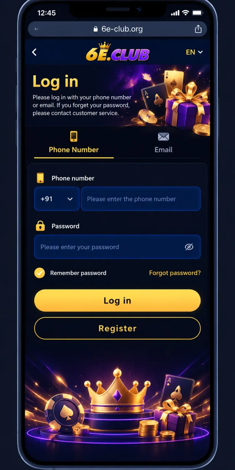 6E Club login phone screen