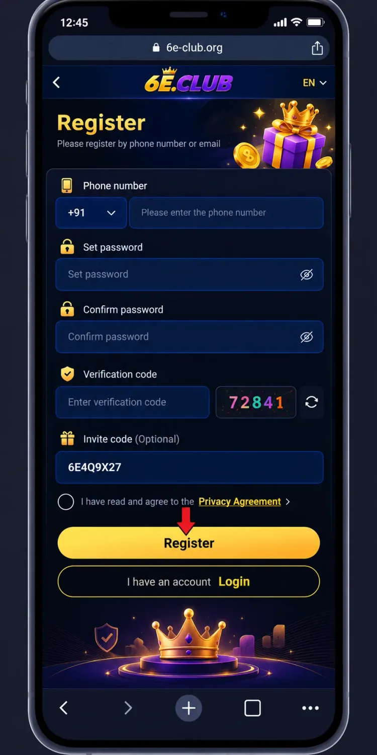 6E Club registration phone screen
